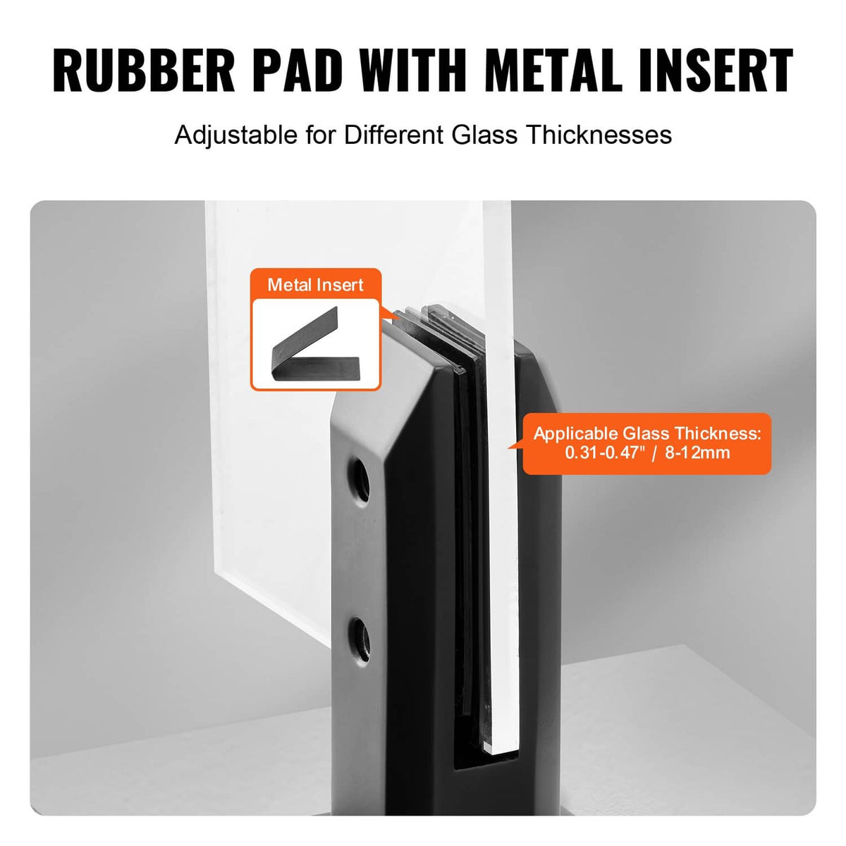 Black square glass clamp with rubber pad and metal insert, adjustable for glass