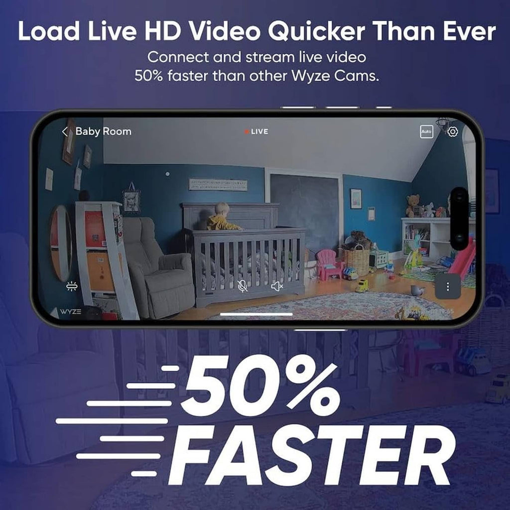 Wi‑Fi security camera shown with live-view screen on a phone and tablet