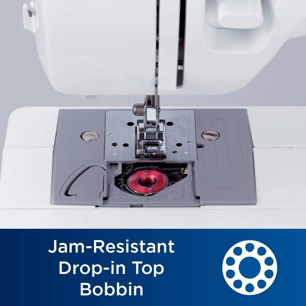 Sewing machine drop-in top bobbin compartment with needle and feed plate