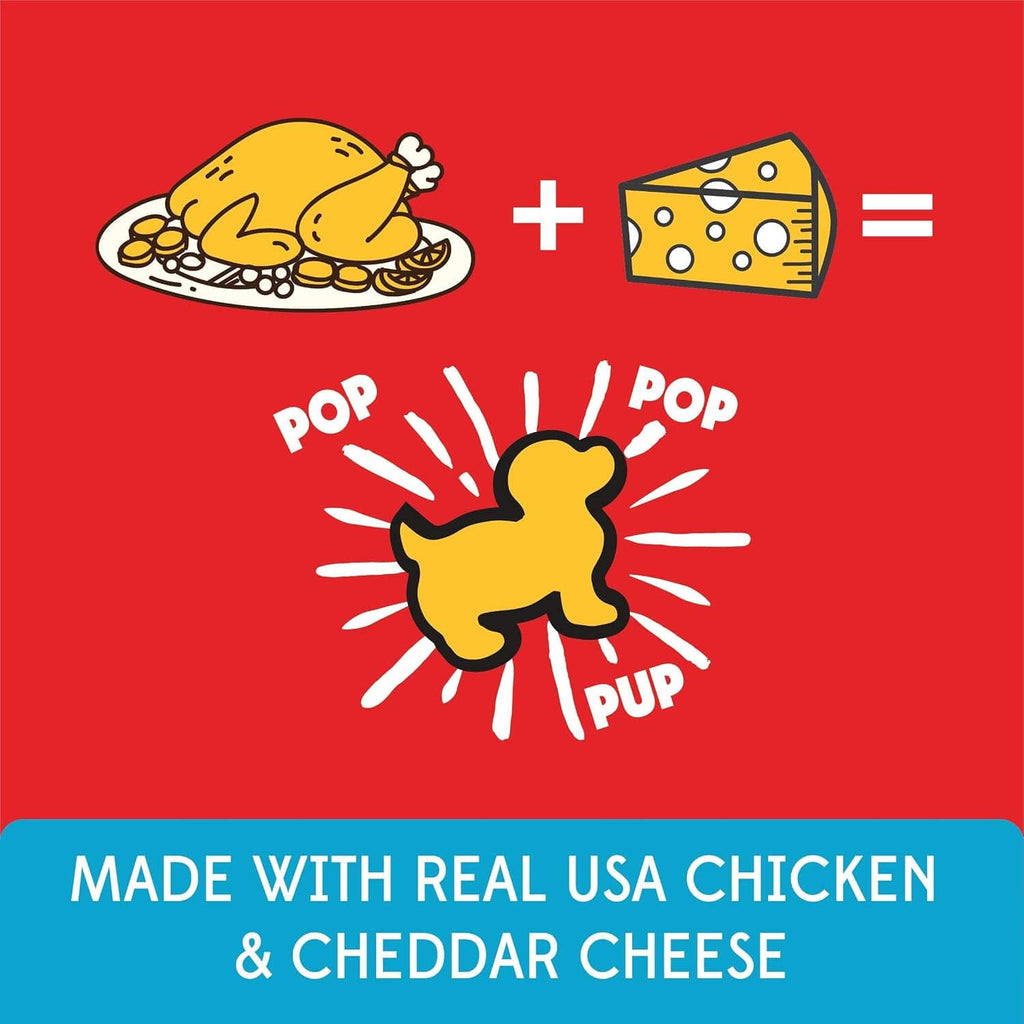 Red pet treat label with chicken and cheese icons plus pop sound graphics
