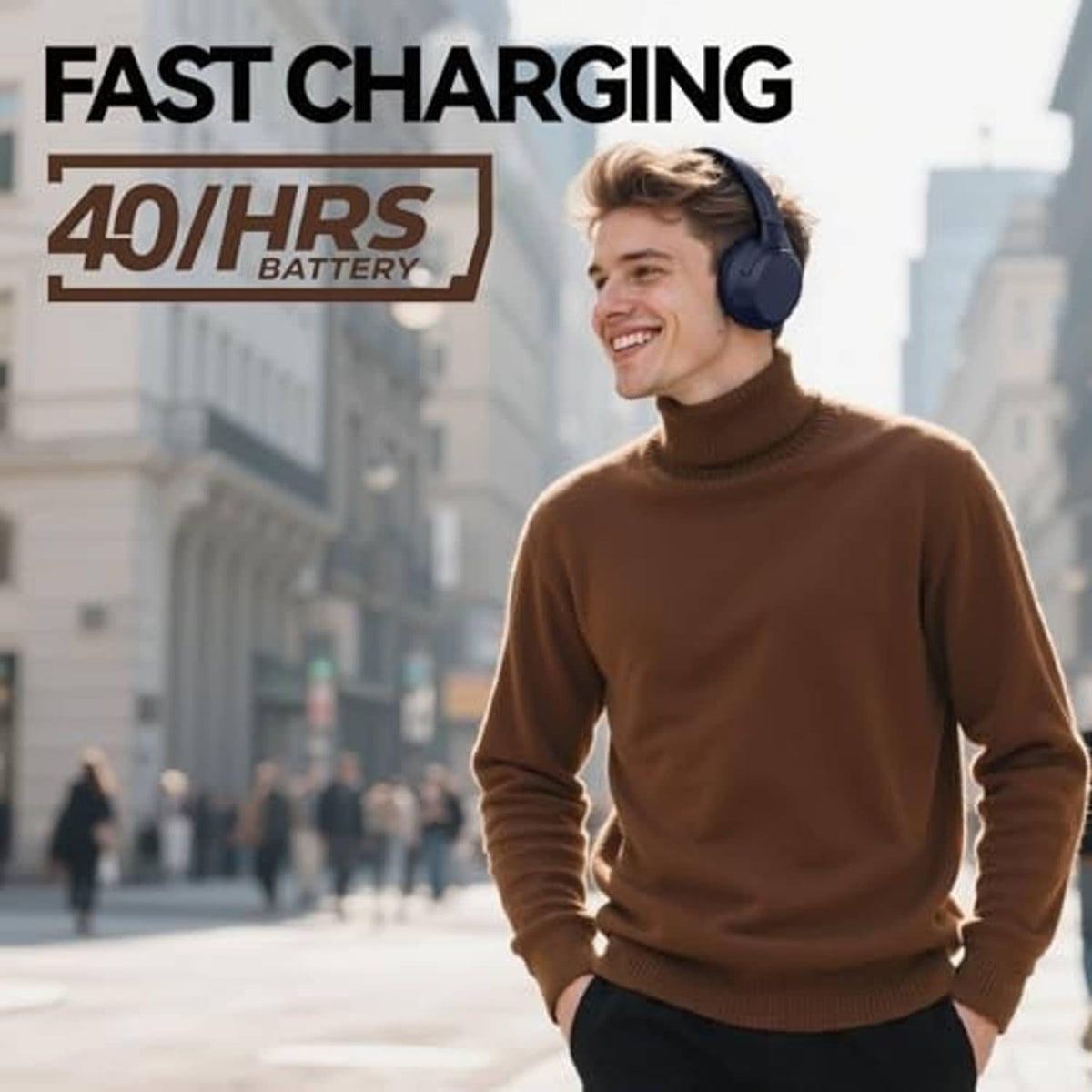 Blue over-ear headphones worn outdoors, cushioned earcups with adjustable headband