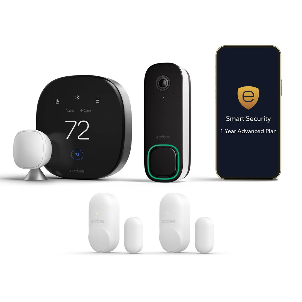 Smart security bundle with black hub, door keypad, and white sensors