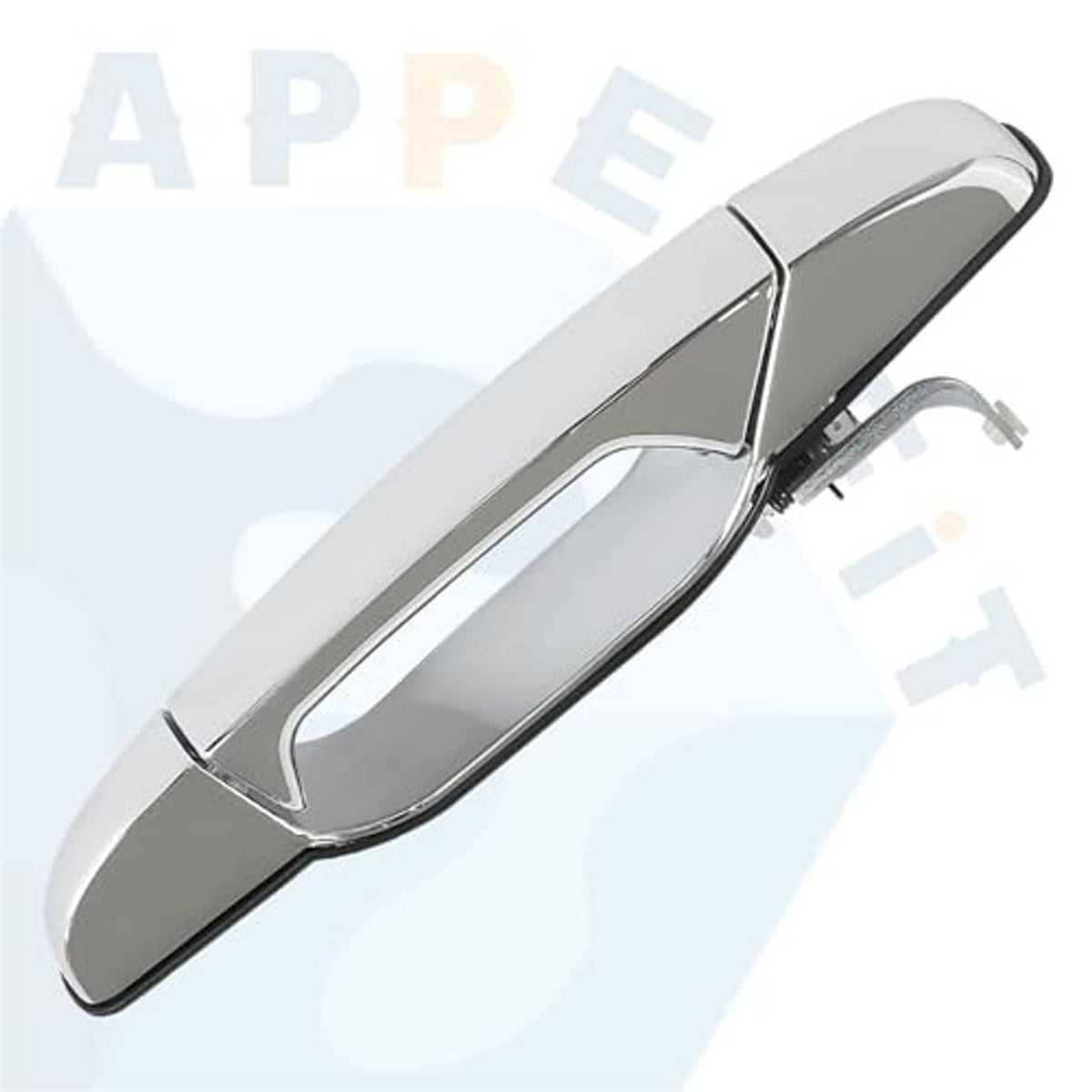 Chrome exterior door handle with elongated oval grip and visible mounting bracket.