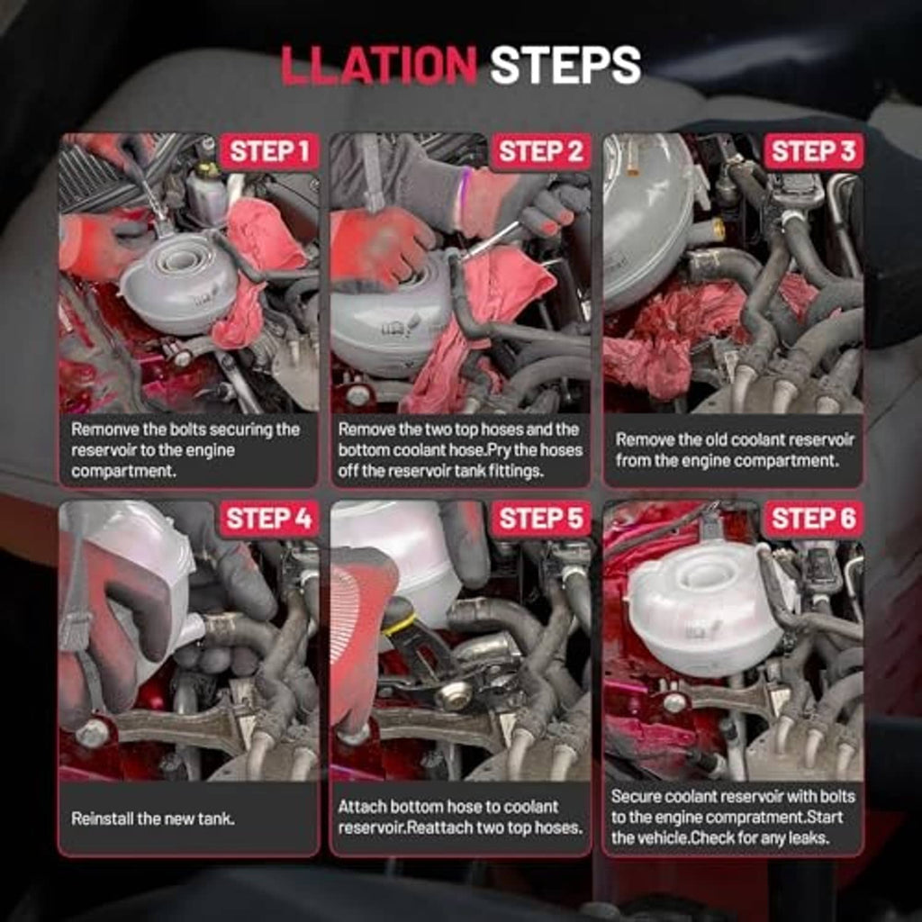 Engine coolant reservoir replacement steps graphic with tank installation sequence