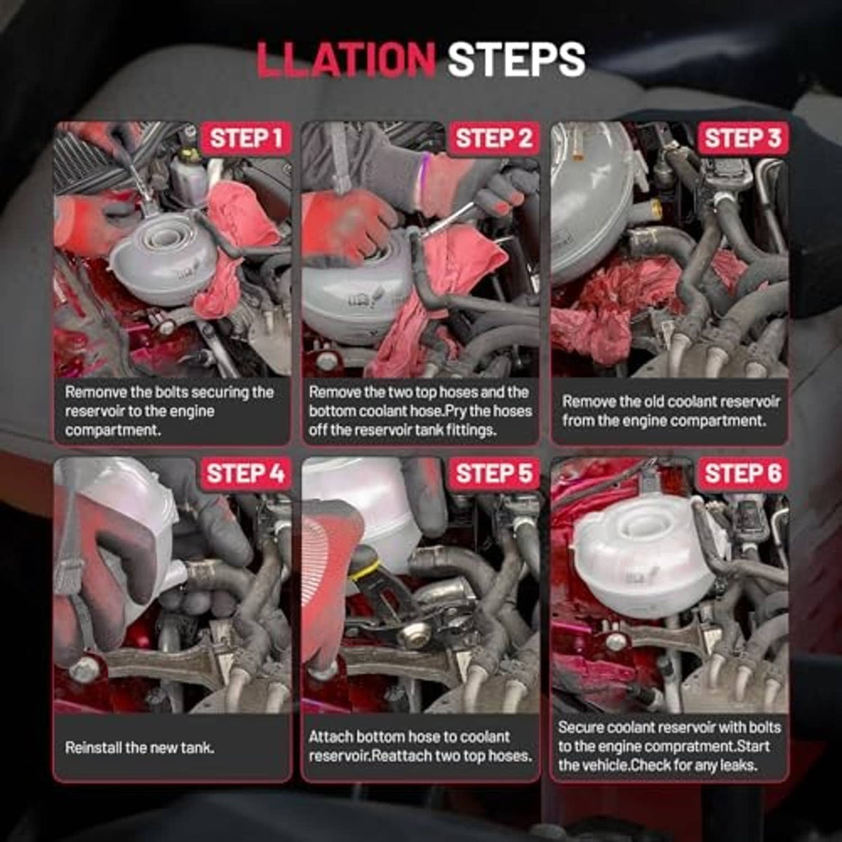 Engine coolant reservoir replacement steps graphic with tank installation sequence