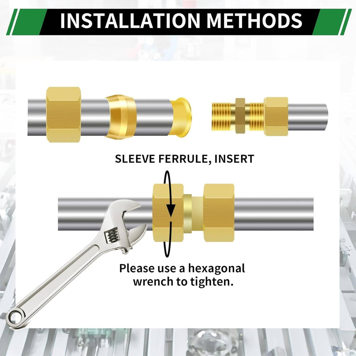 Brass compression sleeve ferrule and insert with hex wrench installation diagram