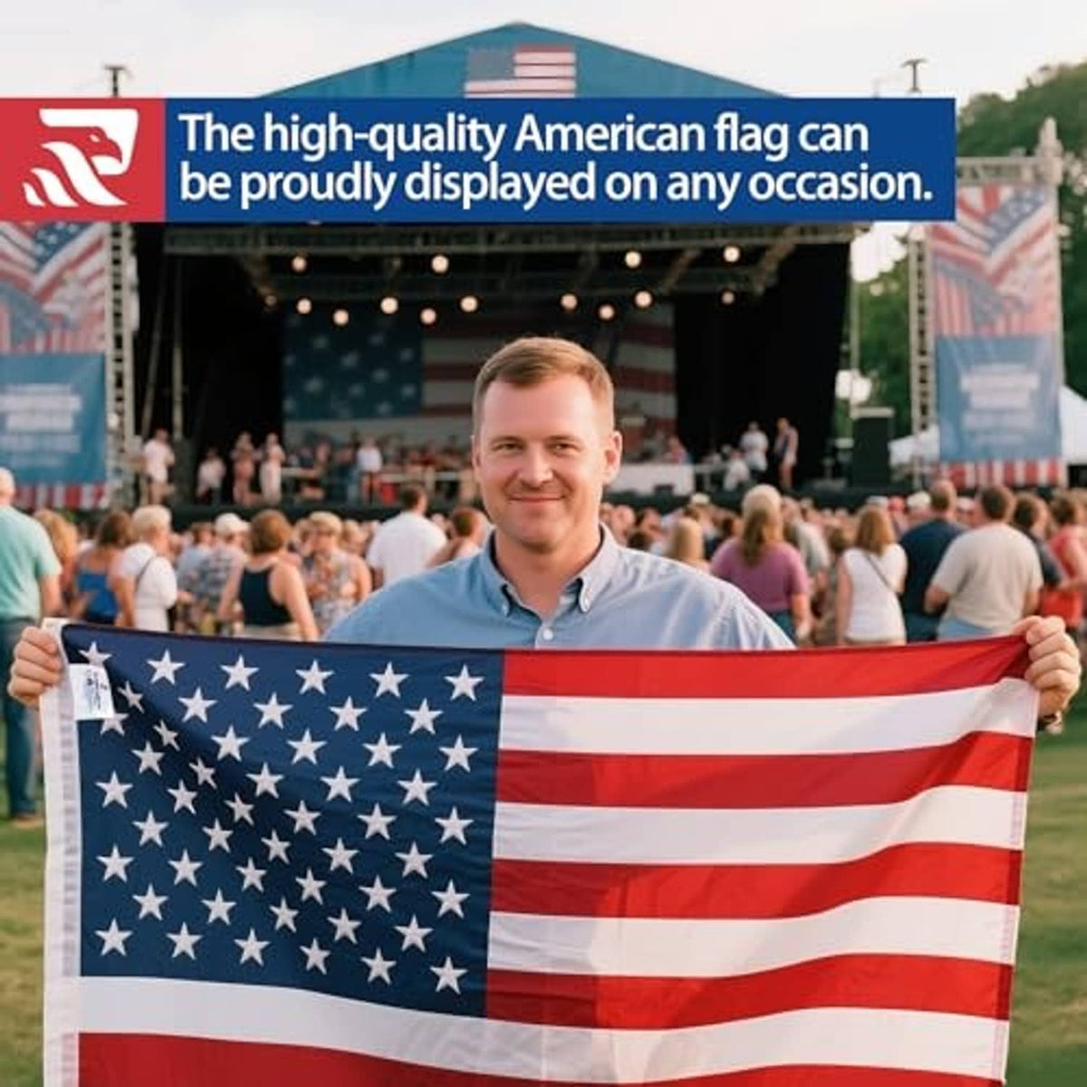 American flag held up in front, blue star field with red-and-white stripes