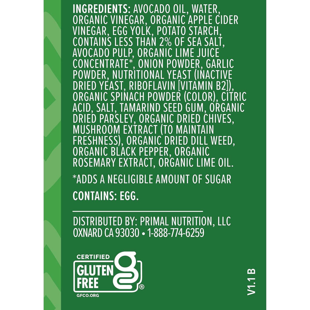 Primal Kitchen avocado-lime dipping sauce ingredients panel on green bottle