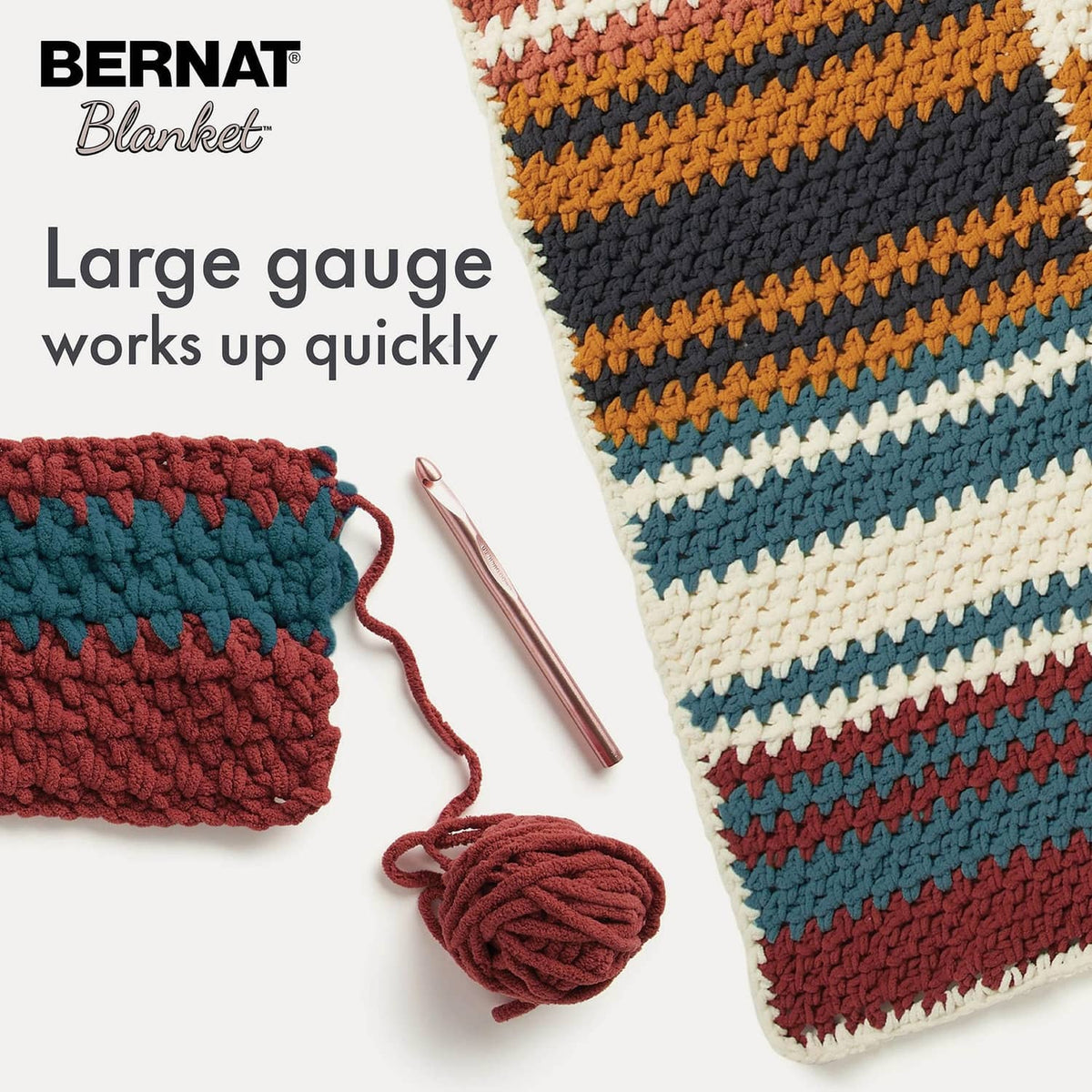 Striped crocheted swatches made with super bulky yarn, with Bernat Blanket logo