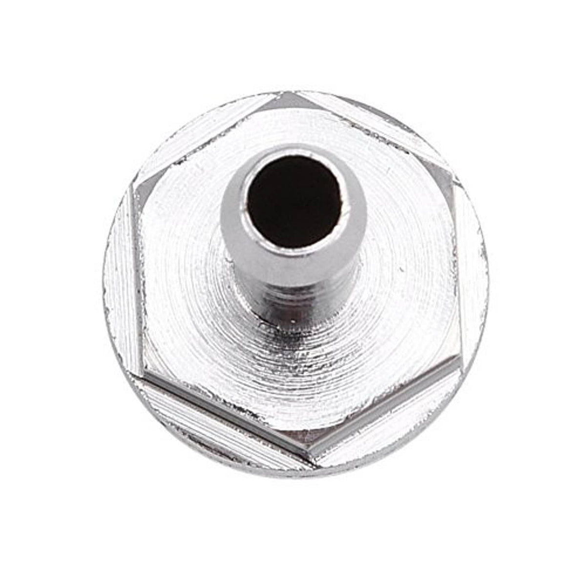 Silver hex barb fitting adapter with central inlet opening and smooth bore