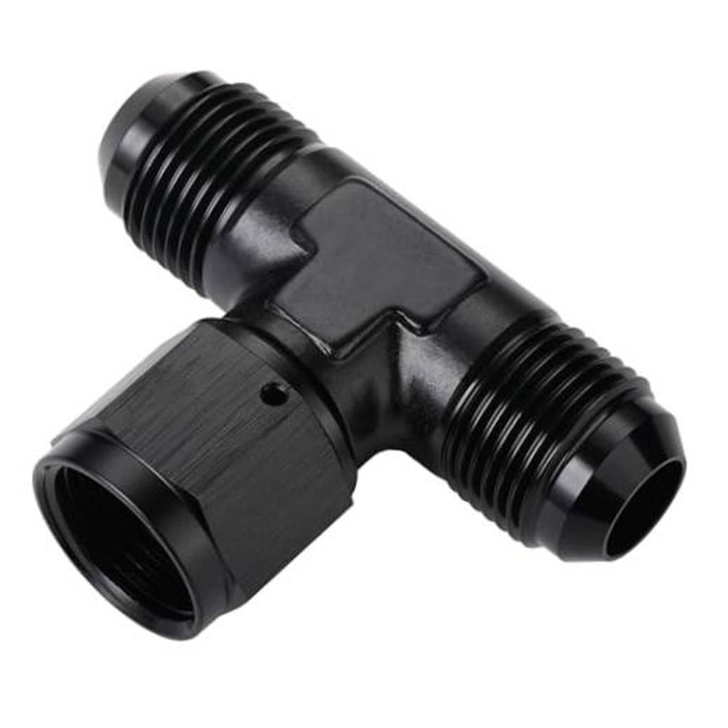 Black AN flare tee fitting adapter with side swivel, three threaded ports