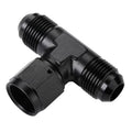Black AN flare tee fitting adapter with side swivel, three threaded ports