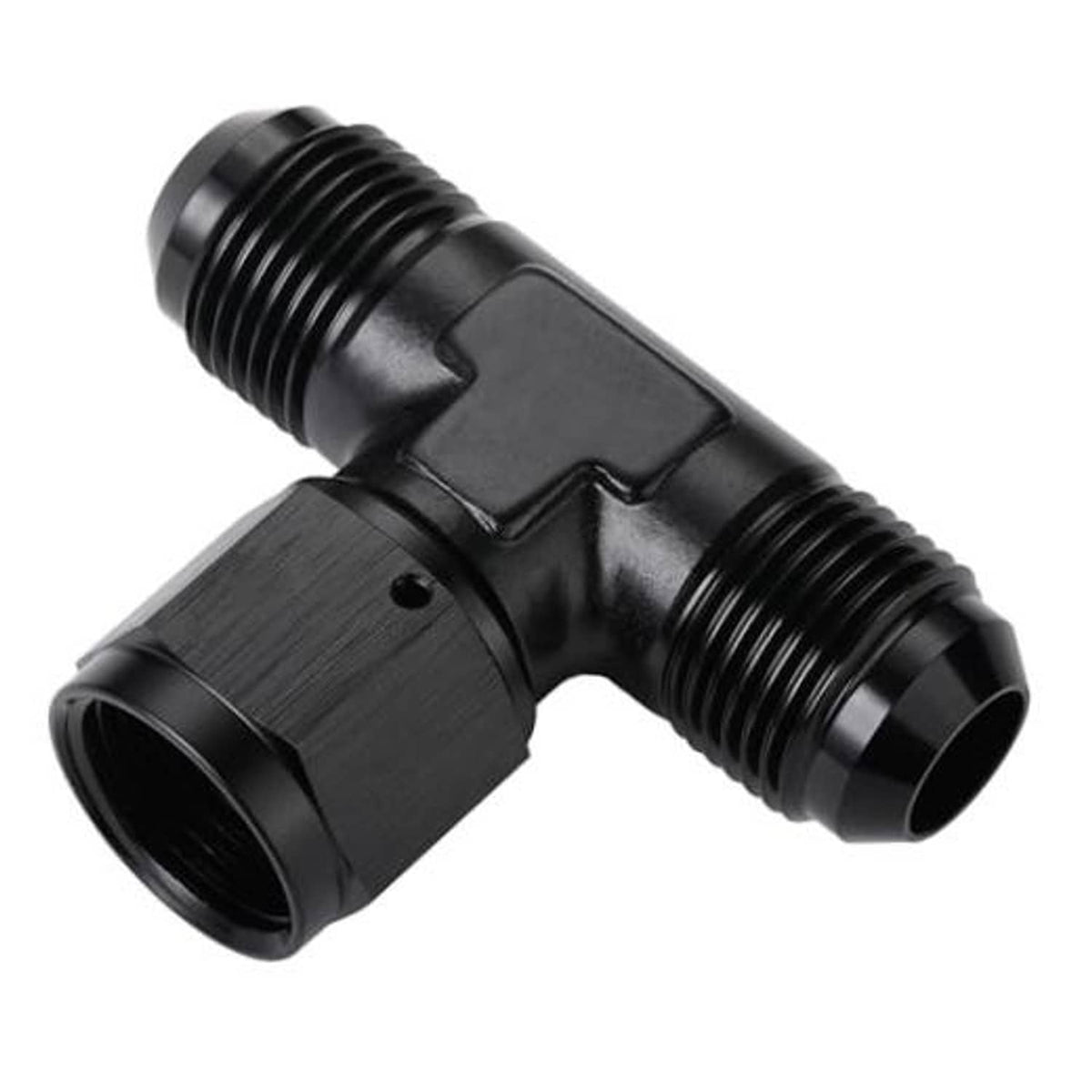 Black AN flare tee fitting adapter with side swivel, three threaded ports