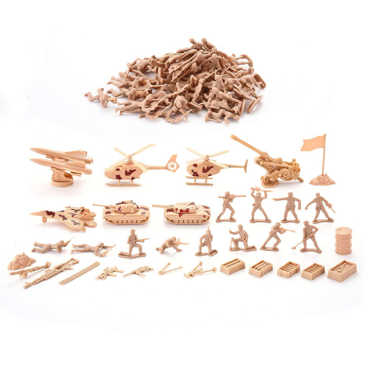 Tan military vehicle and soldier figure pieces with small accessories
