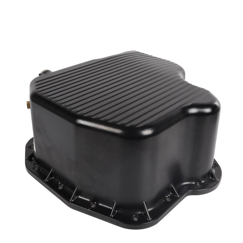 Black deep engine oil pan with ribbed lid and side flanges, replacement part