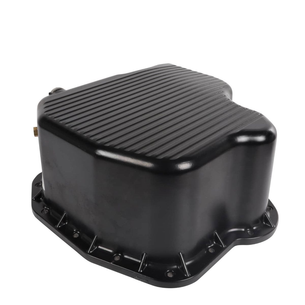 Black deep engine oil pan with ribbed lid and side flanges, replacement part