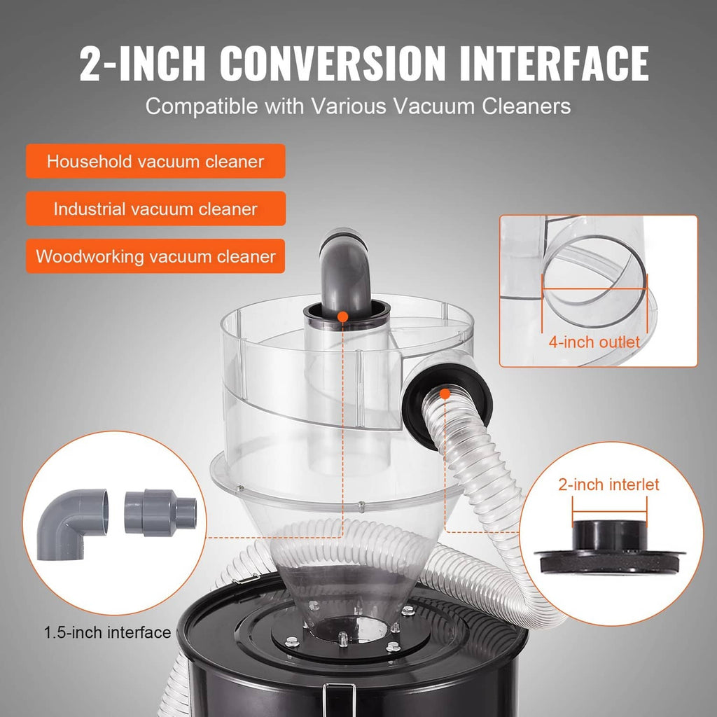 Cyclone dust separator adapter interface with clear hopper and black drum tank