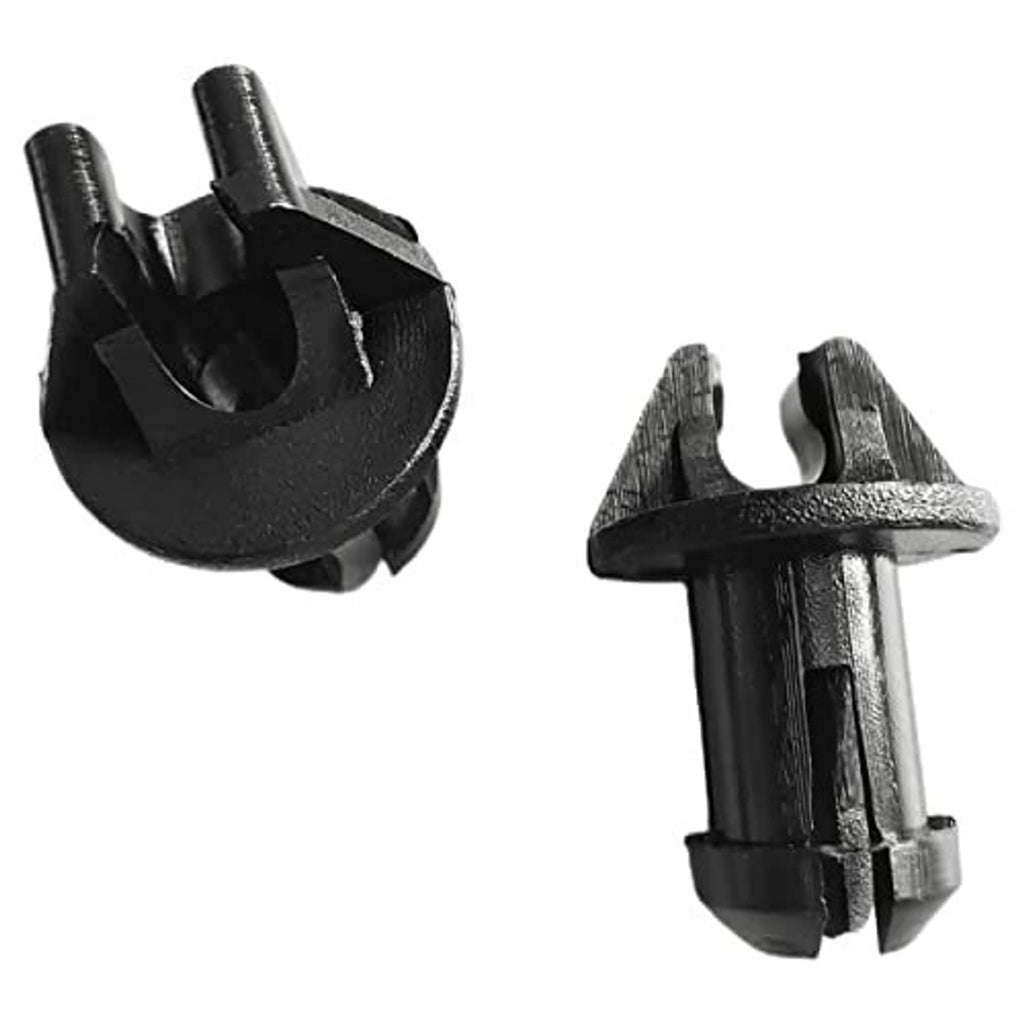 Throttle linkage swivel bushing, black plastic body with metal pin, close-up angles
