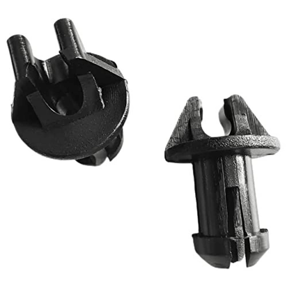 Throttle linkage swivel bushing, black plastic body with metal pin, close-up angles