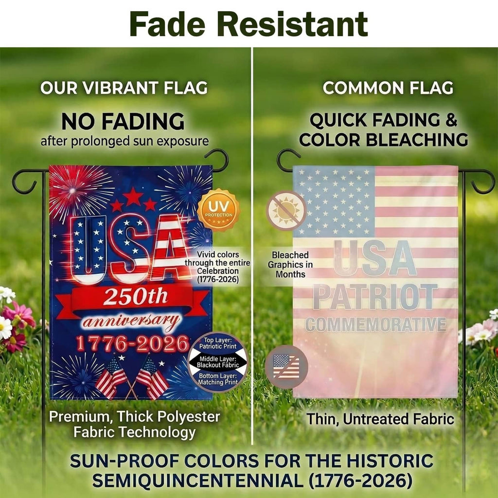 USA 250th anniversary garden flag with fireworks, stars, and red 1776-2026 banner