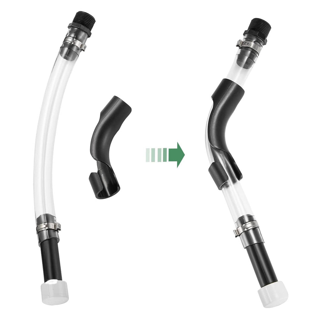 Fuel filler hose replacement with curved black nozzle and silver connector, angled spouts