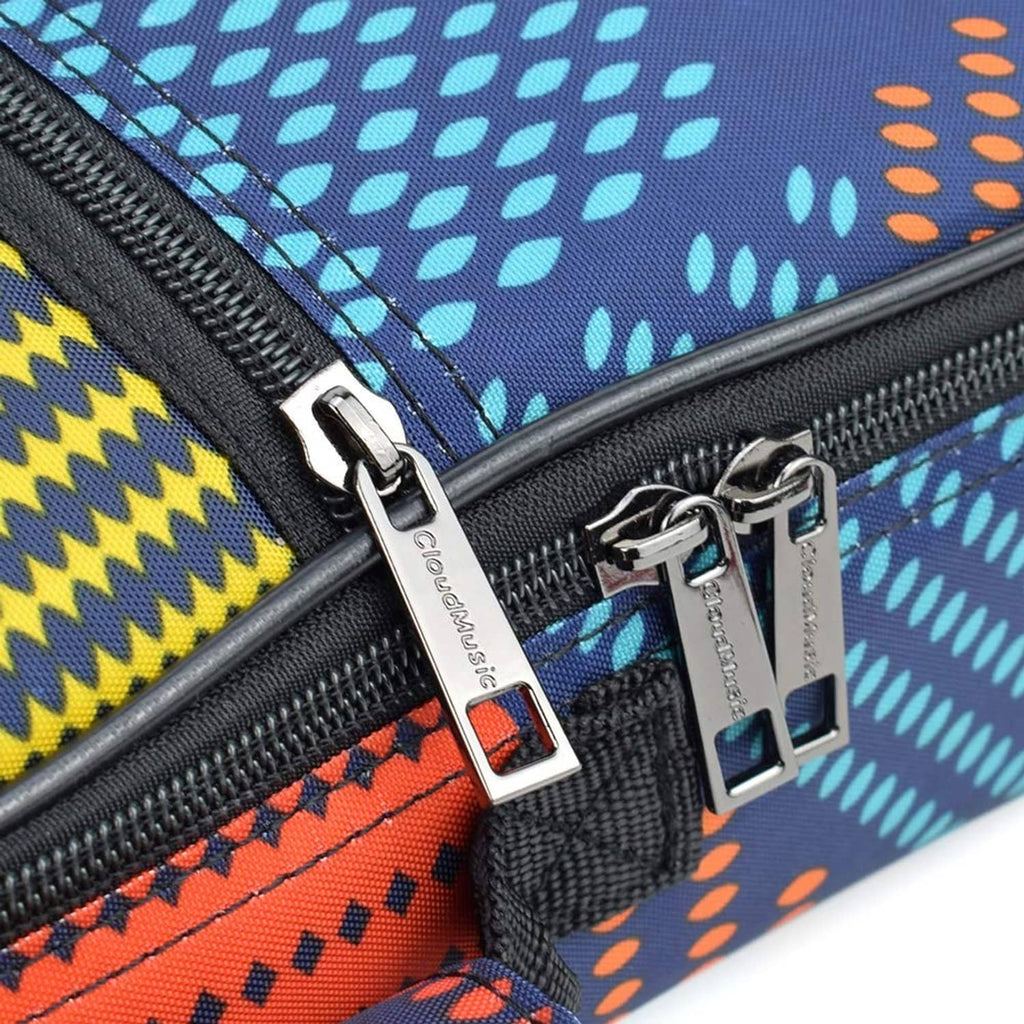 Zipper close-up with metal pulls on colorful patterned ukulele gig bag pocket