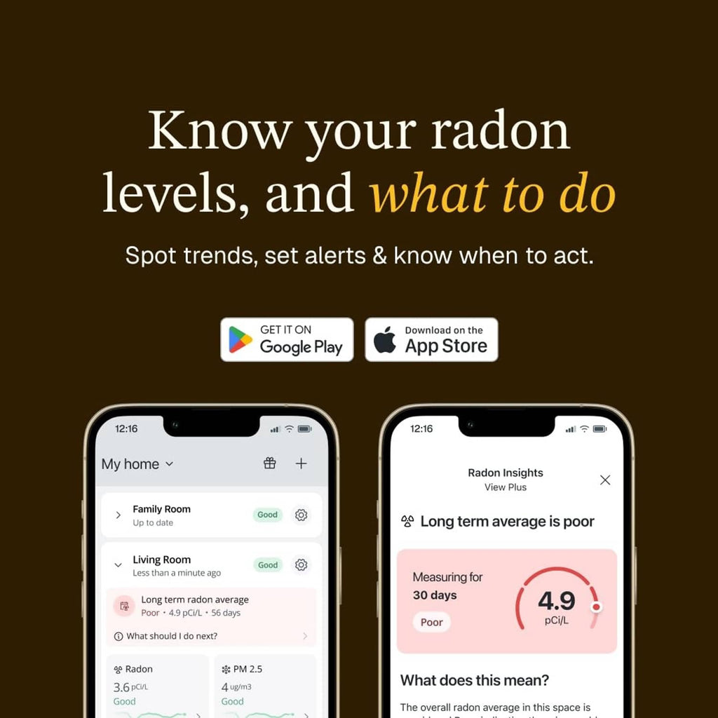 Smart radon detector app screens on smartphones showing radon insights and alerts