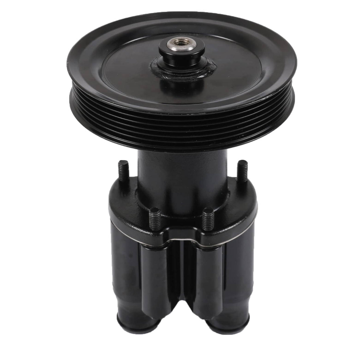Raw sea water pump with pulley, black housing and ribbed belt pulley