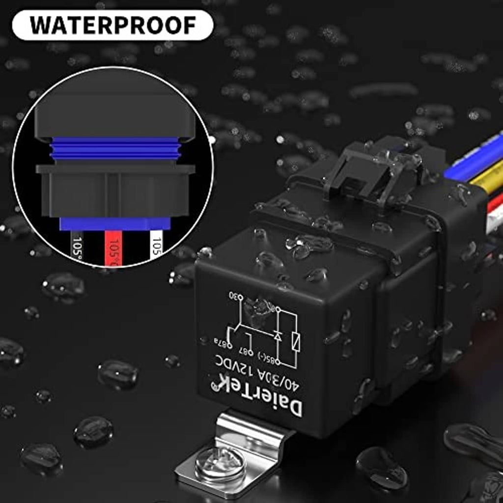 Weatherproof relay module with diode, black housing, and metal mounting foot