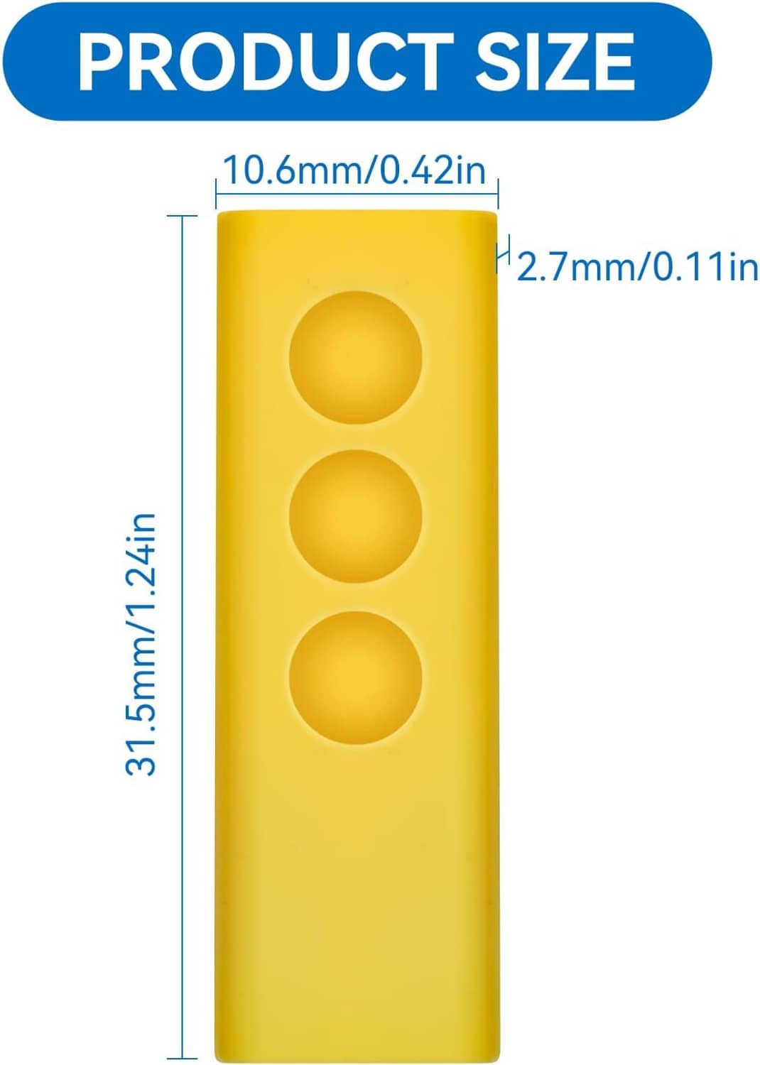 Yellow silicone key fob cover case shown with size dimensions