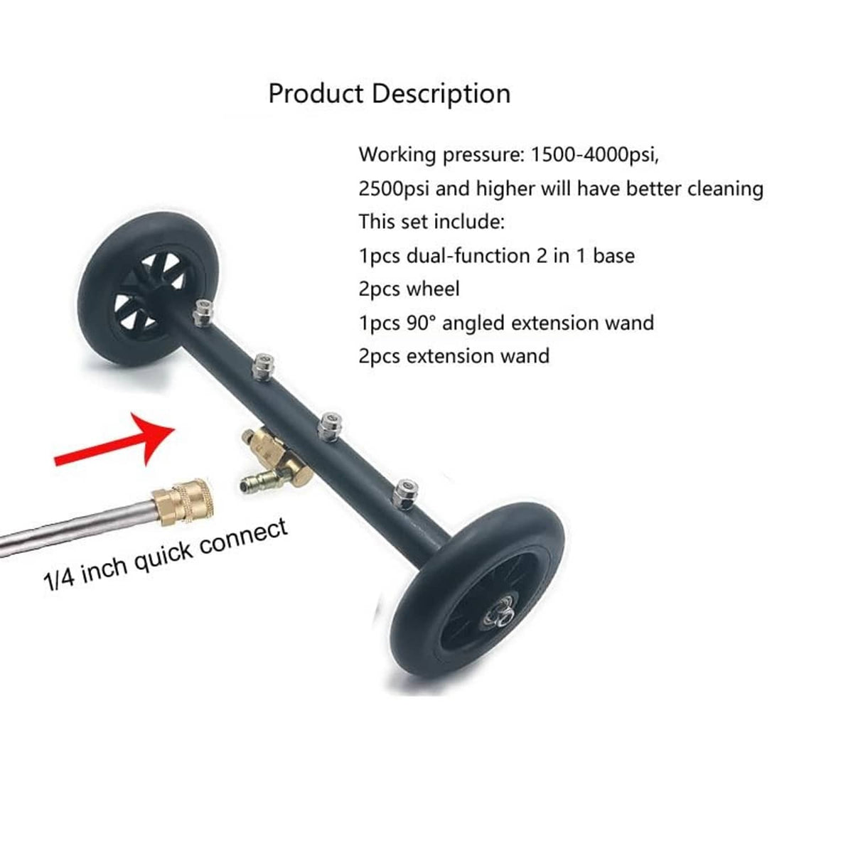 Undercarriage pressure washer cleaner with quick-connect coupling, pivot bar, and wheeled base