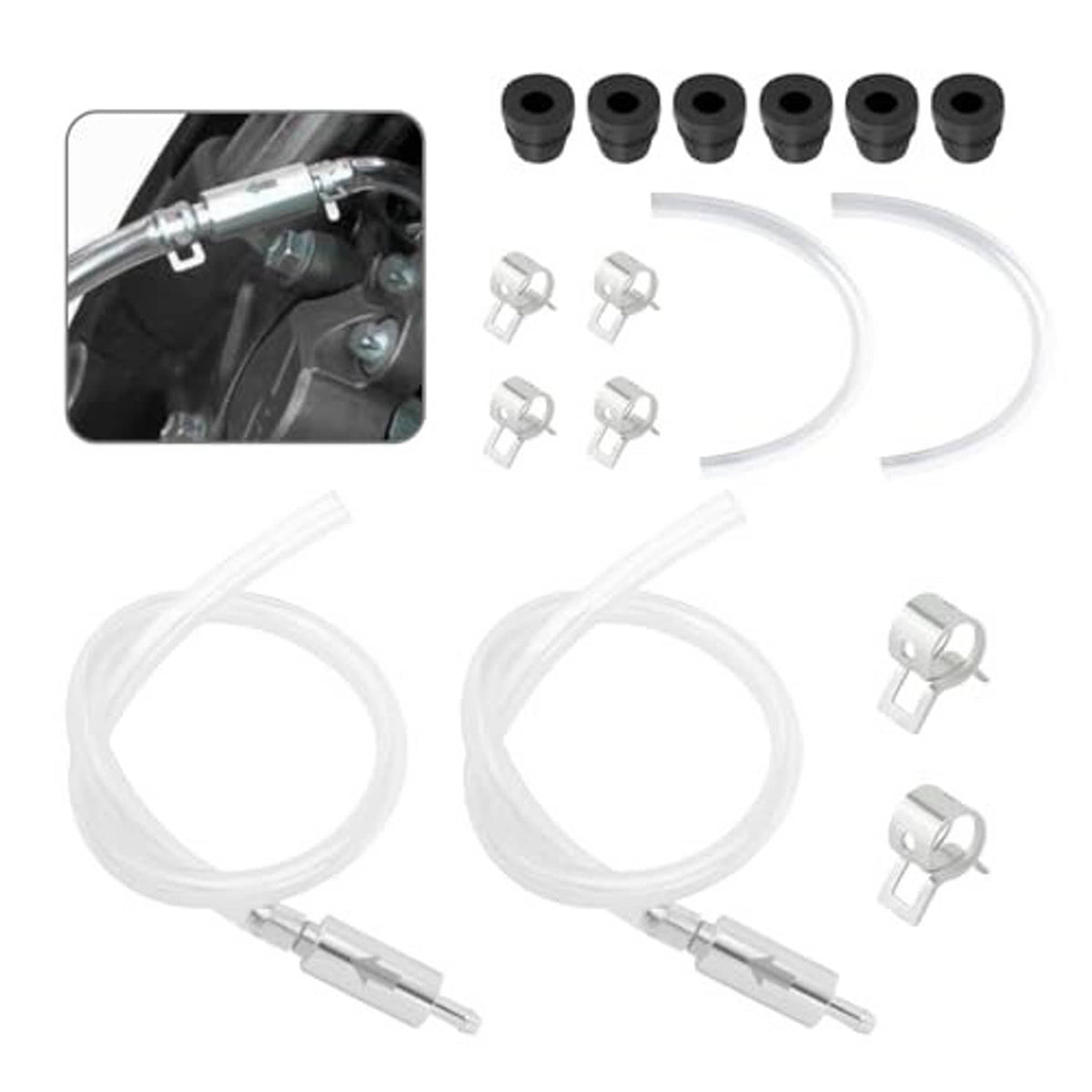 Brake fluid bleeder kit with two hoses and metal adapters plus black rubber caps
