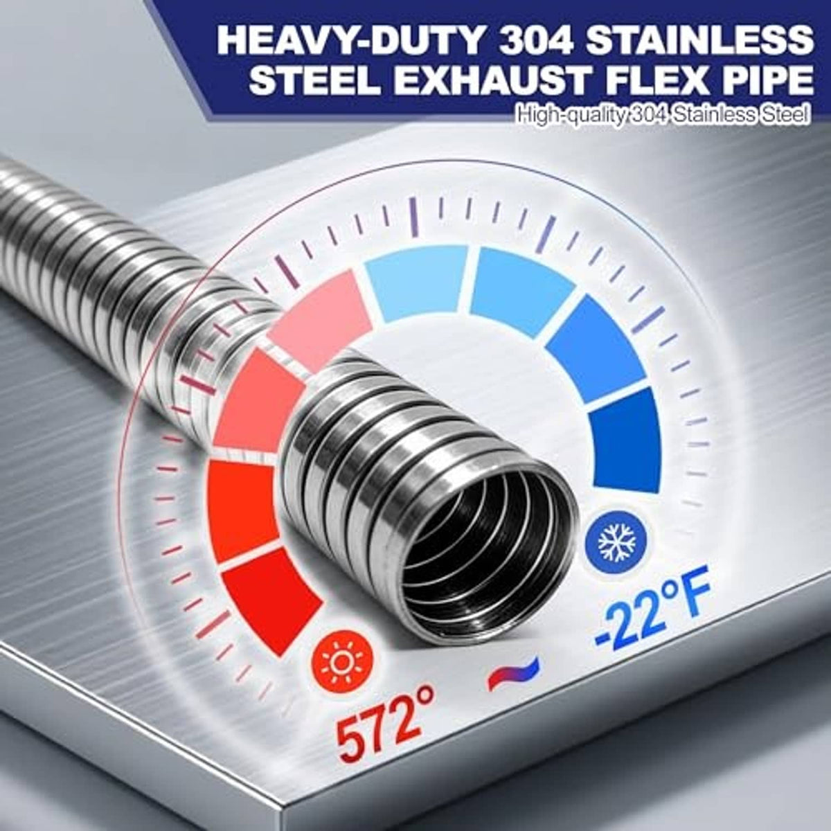 Heavy-duty stainless steel exhaust flex pipe, tightly ribbed, open inlet end