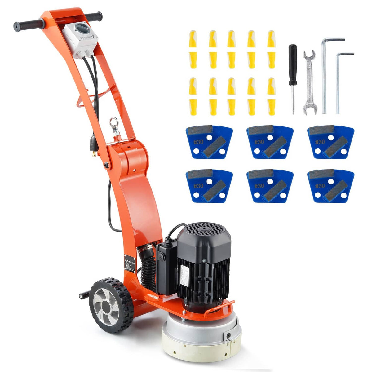 Orange walk-behind concrete floor grinder/polisher with motor housing and wheeled base