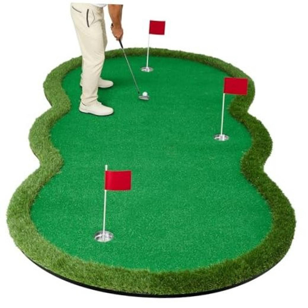 Circular green golf putting mat with three red flag holes and practice ball