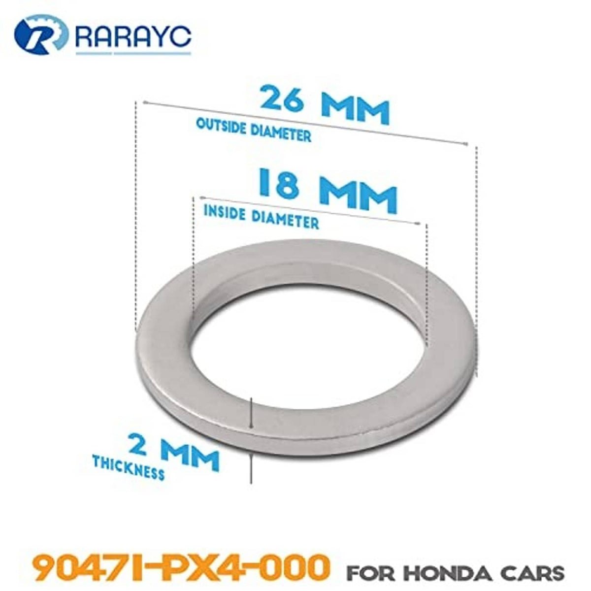 Single silver aluminum crush washer with diameter and thickness dimension labels.