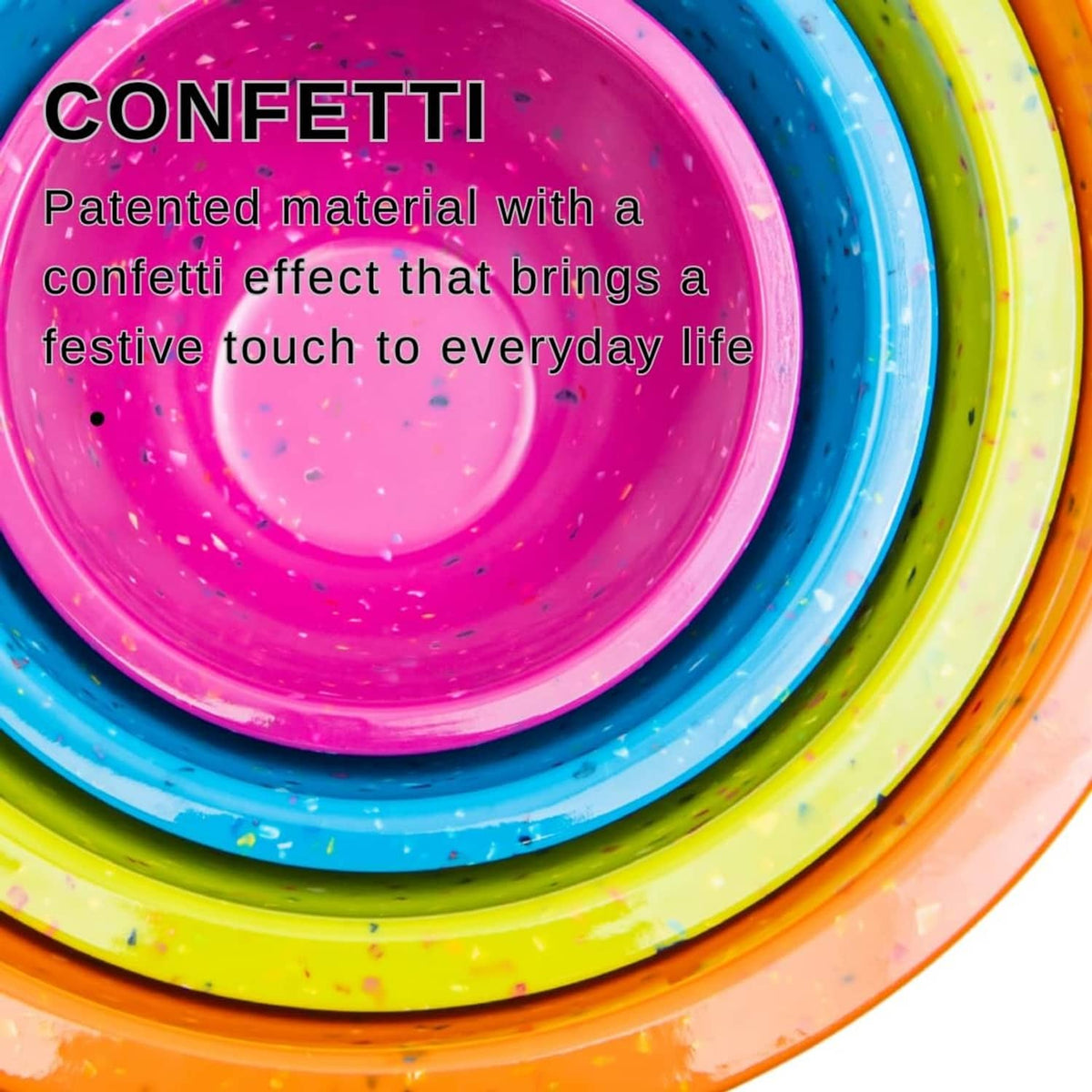 Close-up of confetti-speckled nesting bowls in pink, blue, lime, and orange