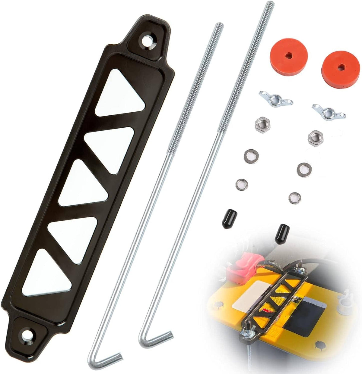Black battery hold-down bracket mount kit with stainless J-hooks and mounting hardware