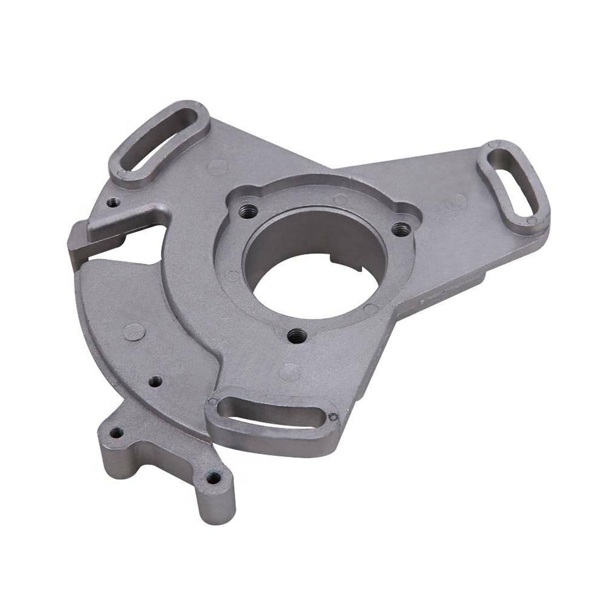 Gray adjustable timing plate with circular bore, side brackets, and mounting screw holes