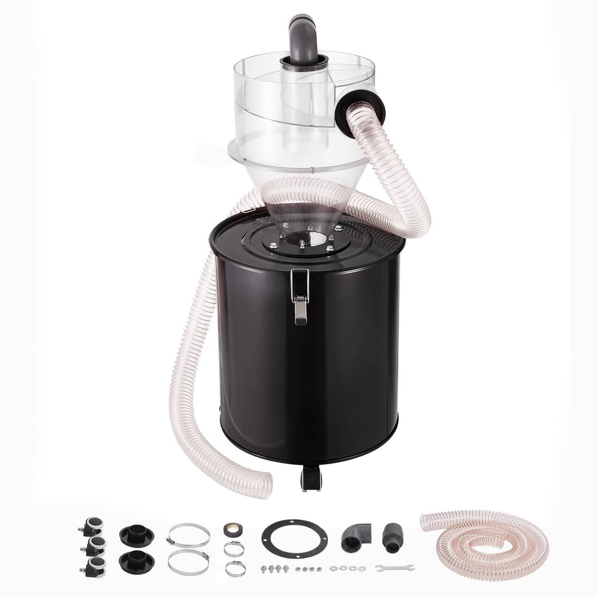Cyclone dust separator with clear top hopper, black drum tank, and spare hose kit