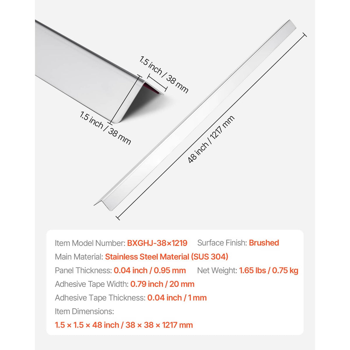 48 in brushed stainless steel corner protector strips, 1.5 x 1.5 in