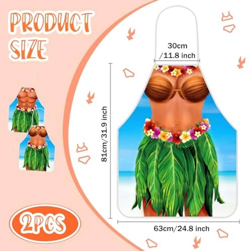 Bikini hula Hawaiian apron with brown bust graphic, purple flower garland, green leaf skirt