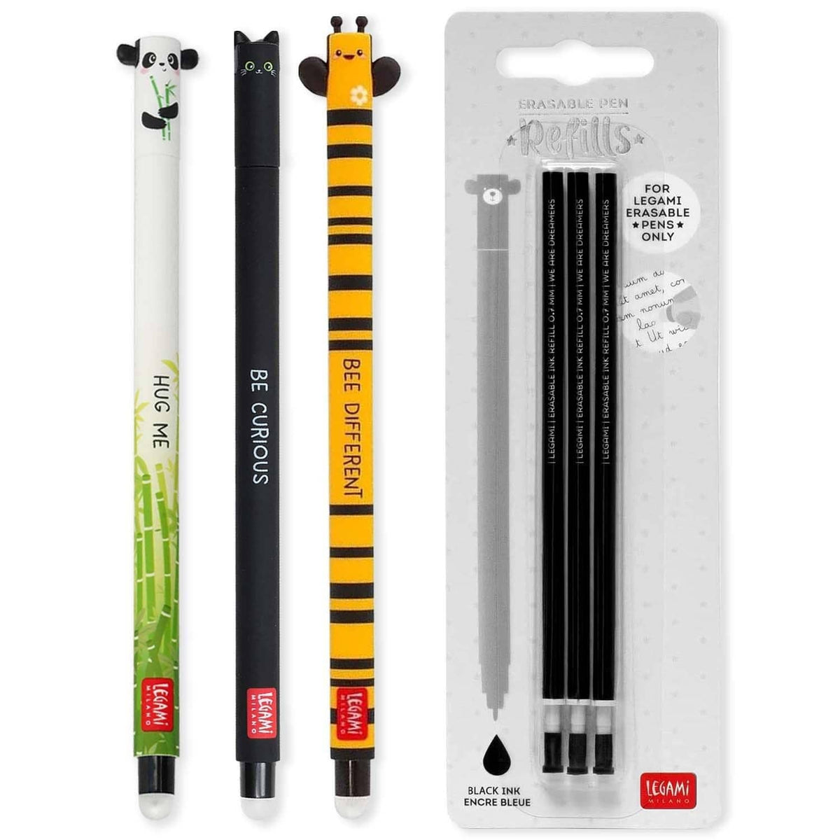 Erasable gel pen set with panda, cat, and bee designs plus three black ink refills