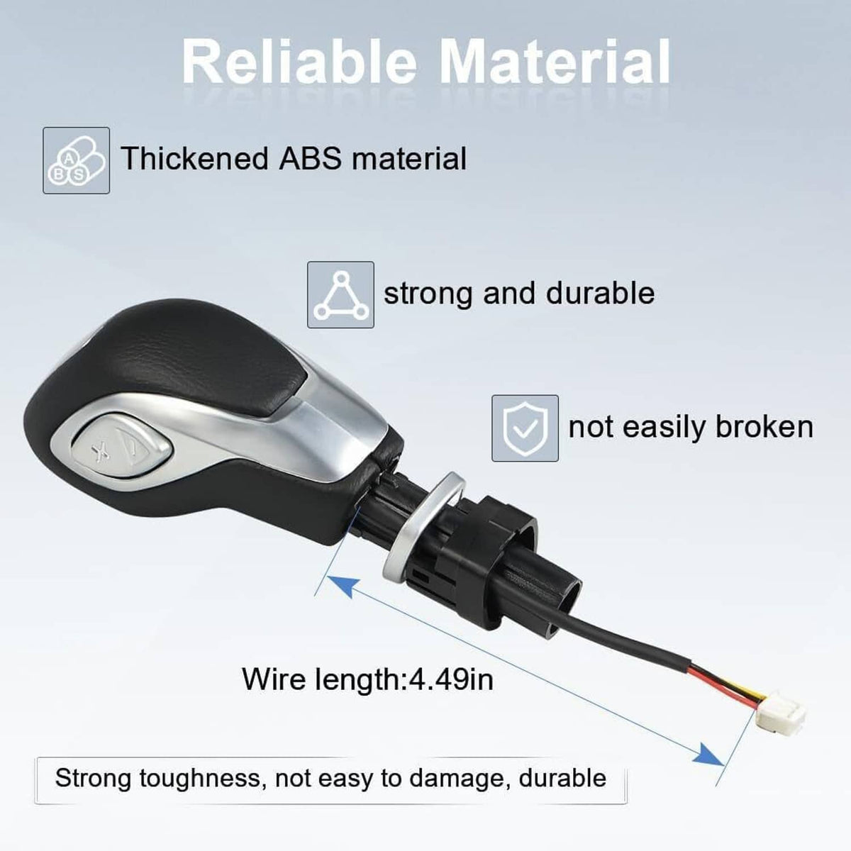 Automatic transmission shift knob with black grip and silver trim, plug and wire end