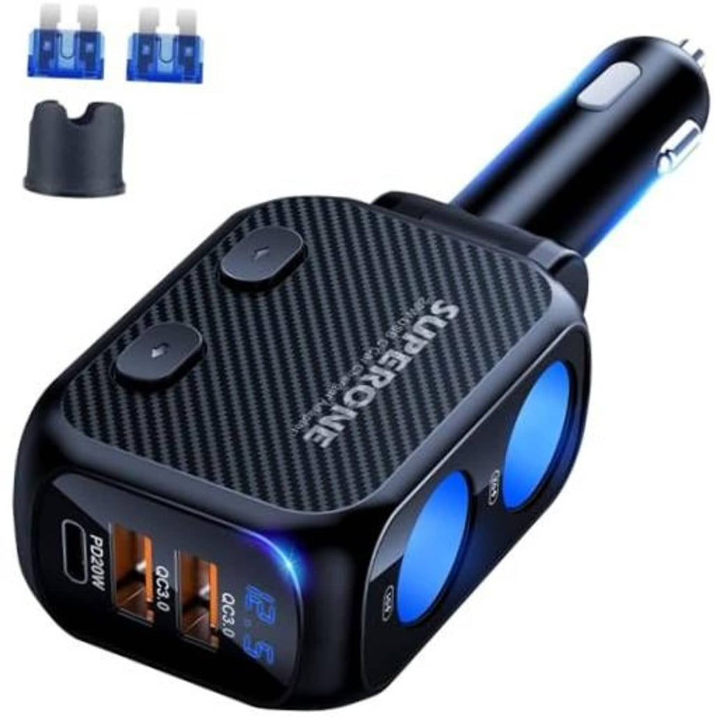 Dual-socket car lighter splitter in black carbon-fiber with two blue sockets and USB ports