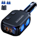 Dual-socket car lighter splitter in black carbon-fiber with two blue sockets and USB ports
