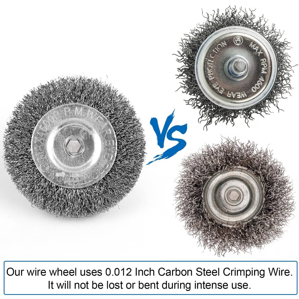 Two wire wheel cup brush heads, dense steel bristles on metal backing plates