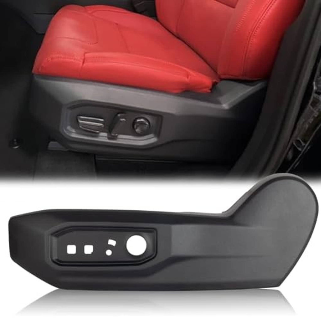 Black driver-side seat trim bezel cover with molded control panel and round dial