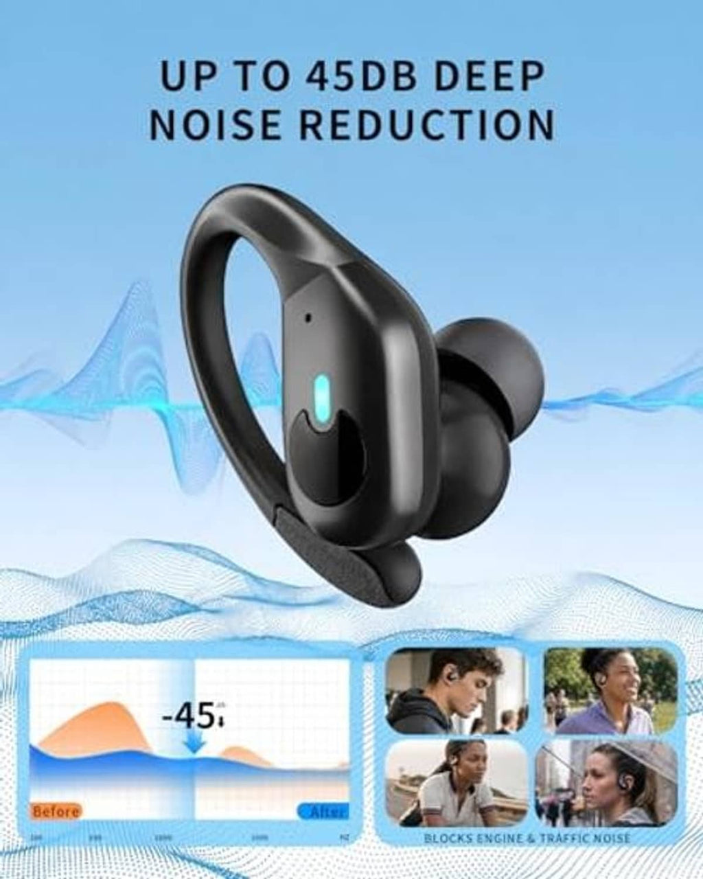 Black wireless earbuds with open ear design, showing noise reduction style shape