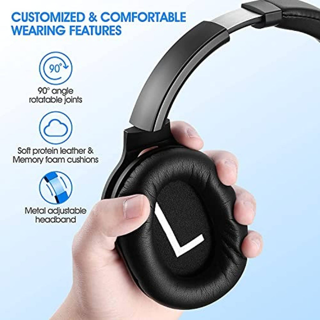 Black over-ear headphones showing adjustable headband and soft ear cushions